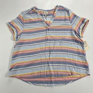 St John's Bay Coastal Stripe V-Neck Cotton Gauze Blouse PXXL Blue Pink Yellow